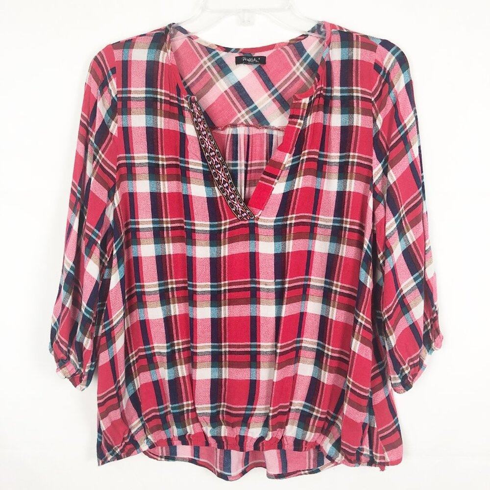 Rhapsody I 3/4 Sleeve Plaid V-Neck Top
